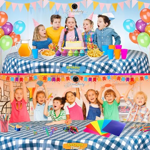 Grandipity Plastic Table Cloth Disposable 12 Pack 84" Round Gingham | Plastic table covers, durable disposable tablecloths, fade and tear-resistent table cover for party, event - color: Blue Gingham Checkered, size: 84in. Round