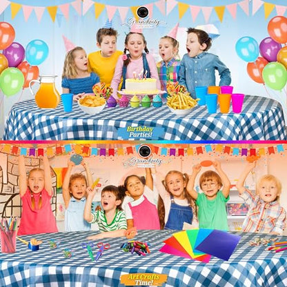Grandipity Plastic Table Cloth Disposable 12 Pack 84" Round Gingham | Plastic table covers, durable disposable tablecloths, fade and tear-resistent table cover for party, event - color: Blue Gingham Checkered, size: 84in. Round