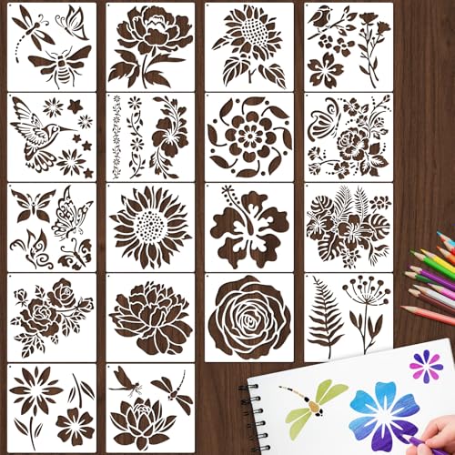 18 PCS Flower Painting Stencils Reusable Stencils for Painting on Wood Rocks Canvas Fabric Glass Pottery 6.5x6.5 Inch - style: 18PCS Flower