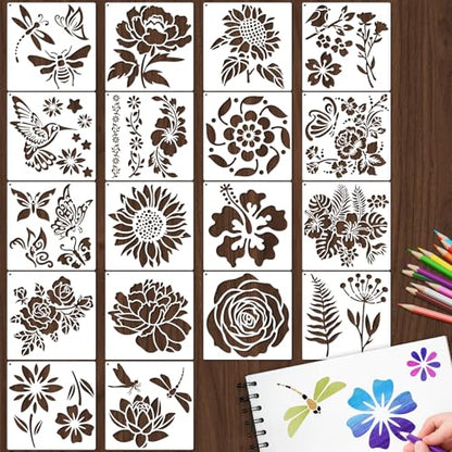 18 PCS Flower Painting Stencils Reusable Stencils for Painting on Wood Rocks Canvas Fabric Glass Pottery 6.5x6.5 Inch - style: 18PCS Flower