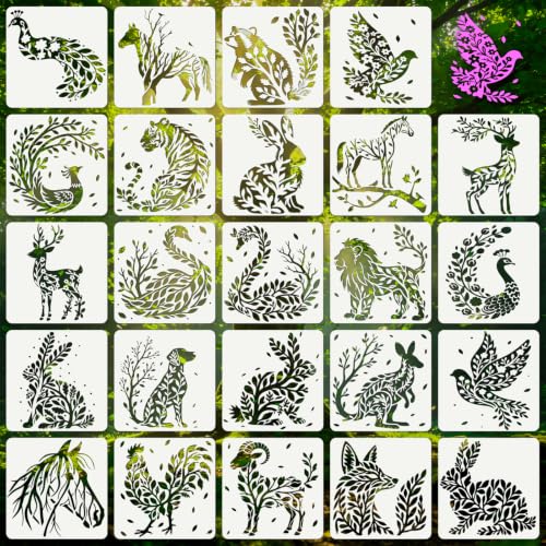 Animal Flower Stencils for Crafts Reusable 24Pcs Stencils(7.8X7.8 inch) | DIY Art Painting Stencil Furniture Decor Kit for Wood Embroidery Wall Silk Screen Journaling - color: Animal 8