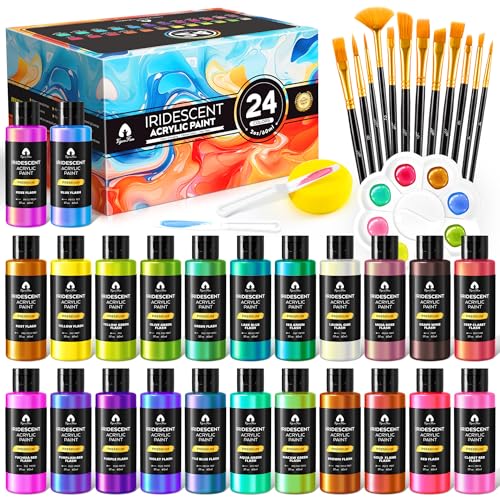 40 Pcs Iridescent Acrylic Paint Set with 12 Brushes, 2 Knives & Palette, 24 Colors (2oz/60ml) - for Adults, Artists & Beginners - Canvas Ceramic Rock Wood Egg Painting Kit - color: Iridescent, size: 2 Fl Oz (Pack of 24)