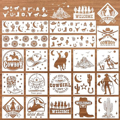 Keluna Western Cowboy Cowgirl Painting Stencils - 20 Reusable Stencils for Wood Burning, Landscape Cactus Western Scenes - style: western cowboy