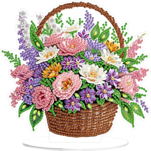 ARPADAMO Tabletop Ornament Diamond Art Kit for Adult Pretty Flower Basket | 5D DIY Special Shaped Crystal Double Sided Rhinestone Stand Diamond Painting Art Kits,Placement Ornament Gift Home Garden - color: DP03972
