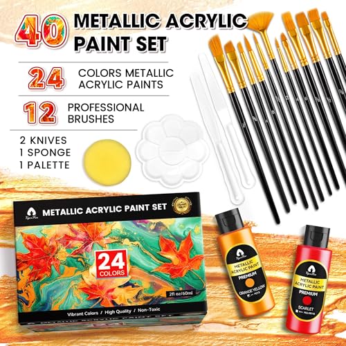 40 Pcs Metallic Acrylic Paint Set with 12 Brushes, 2 Knives & Palette, 24 Colors (2oz/60ml) - for Adults, Kids, Artists & Beginners - Canvas Ceramic Rock Wood Pumpkin Painting Kit - color: Metallic, size: 2 Fl Oz (Pack of 24)