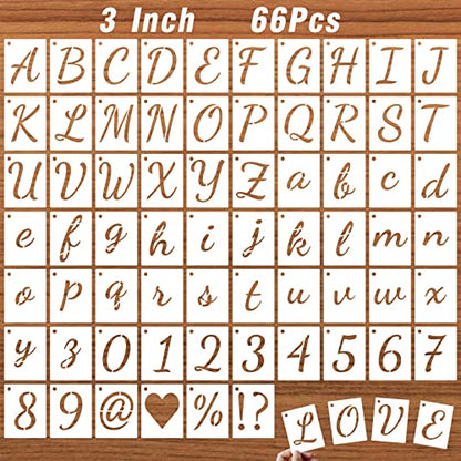 3 Inch Letter Stencils Kits, 66 Pcs Calligraphy Alphabet and Number Stencil for Painting on Wood, Reusable Plastic Art Craft Cursive Lettering Template Upper and Lower case - size: 3 Inch