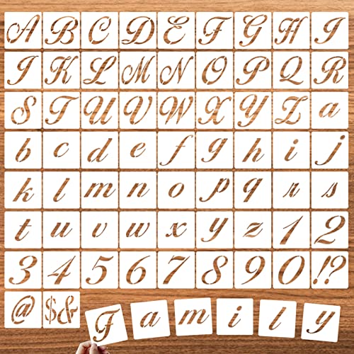 1.5 Inch Letter Symbol Stencils for Painting on Wood, 65 Pcs Alphabet Drawing Templates with Calligraphy Large Font and Cursive Letters Numbers Signs, Reusable Plastic Art Craft Stencils - size: 1.5 Inch