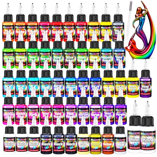 Airbrush Paint - 54 Colors with 2 Airbrush Thinners, Ready to Spray Air Brush Painting Set, Water Based Acrylic Paint for Model, Car, Metal, Fabric, Artists Beginners 4 Types of Colors - size: 19 Fl Oz (Pack of 1)