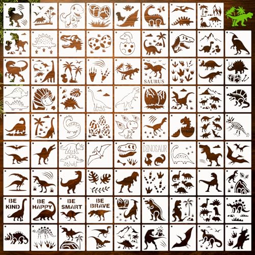 80 Pcs 3 x 3 Inch Stencils for Painting on Wood, Reusable Dinosaur Animal Mountain Plastic Stencils DIY Craft Paint Template Set for Wall Card Rock Home Decor - style: Dinosaur