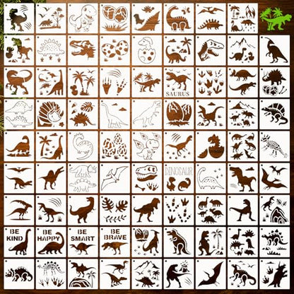 80 Pcs 5 x 5 Inch Stencils for Painting on Wood, Reusable Dinosaur Animal Mountain Plastic Stencils DIY Craft Paint Template Set for Wall Card Rock Home Decor - style: Dinosaur