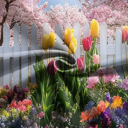 7x5FT Spring Garden Backdrop Secret Floral Garden Tulip Peach Blossom White Fence Backdround for Spring Easter Birthday Party Decoration Vinyl - size: 7x5FT