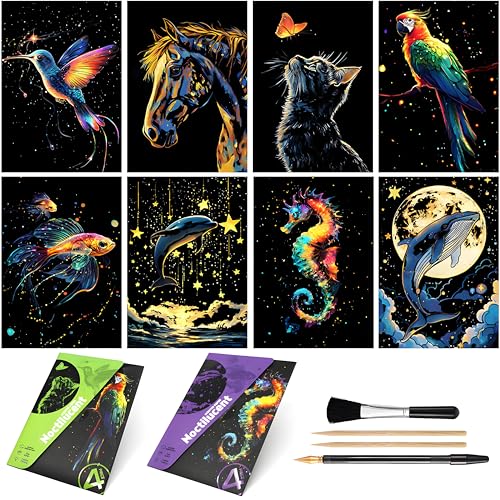 Glow in The Dark Scratch Art Kit - 8 Sheet Rainbow Scratchboards(A5) | Creative Engraving Craft Supplies for Teens & Adults | DIY Projects & Sketching Activity | ASMR Stress-Relieving Gift (Animals) - color: Animal