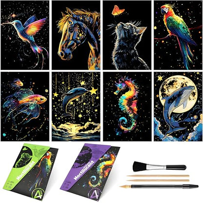 Glow in The Dark Scratch Art Kit - 8 Sheet Rainbow Scratchboards(A5) | Creative Engraving Craft Supplies for Teens & Adults | DIY Projects & Sketching Activity | ASMR Stress-Relieving Gift (Animals) - color: Animal