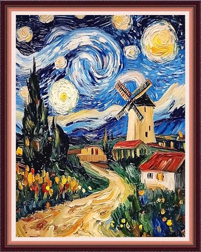 Fanxvivy Stamped Cross Stitch Kits for Beginners Full Range of Cross Stitching Preprinted Embroidery Kits for Adults, 11CT Embroidery Pattern Needlepoint Kits-Van Gogh Starry Sky Windmill 16x20 inch - color: Artdesign14