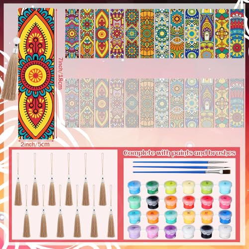 Kosiz 12 Pcs Mandala Paint by Number Kit for Adult Wood Bookmark | Mini Flower Paint by Numbers Kit, Painting Decor, Floral Tassels Blank Bookmarks, for Small DIY Craft Book Lovers Gift 7x2 '' - style: Mandala