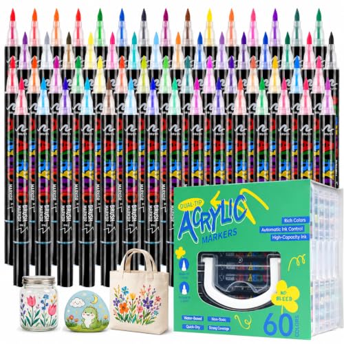 60 Colors Dual Tip Acrylic Paint Pens Set with Soft Brush Tip | Quick-Drying Acrylic Paint Markers for Rock Painting, Wood, Glass, Ceramic, Fabric, Water-Based Acrylic Pens for Adult - color: 60 Colors