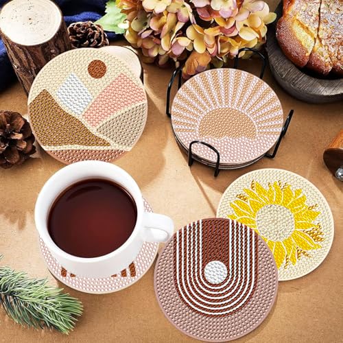 DOTSOPS 6 Pcs Diamond Art Kits for Adults Diamond Art Coasters with Holder - color: A-Abstraction