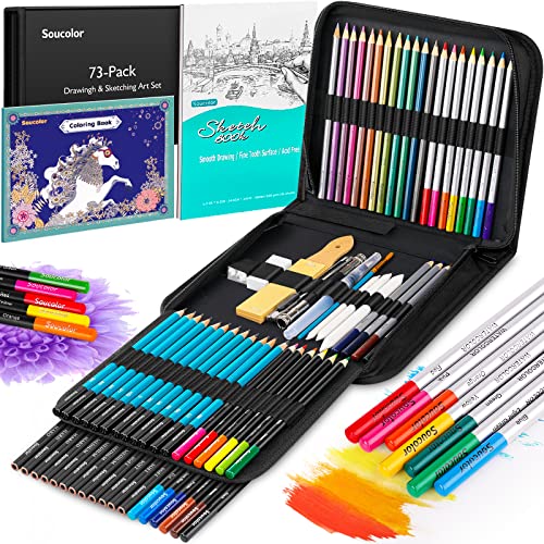 Soucolor 73Pcs Art Supplies Drawing Kit Sketch Pencils Set Adults Gift | 73-Piece Art Set Includes Sketch Book, Coloring Book, Graphite Pencils, Watercolor Pencils & Portable Case for Artists