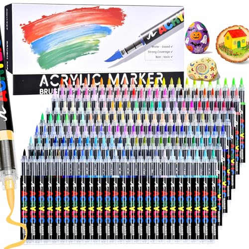 168 Colors Acrylic Paint Markers Brush Tip, Colored Paint Pens Set with Direct-Liquid Ink Control System, Water-Based Coloring Markers for Rock Painting, Fabric, Wood, Wood, Art Supplies - color: 168 Colors Brush Tip