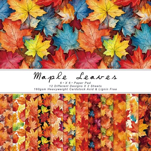 Autumn Scrapbooking Paper Pad, 6 x 6 Inch Watercolor Leaves 160gsm Cardstock Paper for Scrapbook, 24 Sheets Harvest Decorative Paper for Thanksgiving Cards DIY - color: R21008A - 6×6