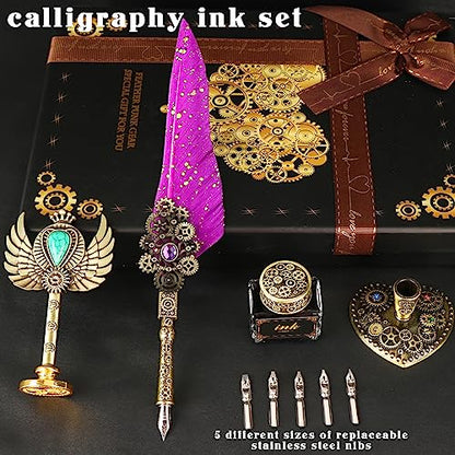 Aifeiter Feather Quill Pen Ink Set - Calligraphy Set, Wax Seal Stamp, Purple Ink, Beautiful Gift, Christmas Gifts - color: Purple