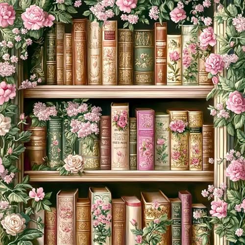GEWOUVIN Vintage Flower Bookshelf Diamond Art Kits for Adults,Diamond Painting Kits for Adults Beginners, DIY Full 5D Round Drill Gem Art Kits for Gift Home Wall Decor【13.8x13.8inch】 - color: JW-112