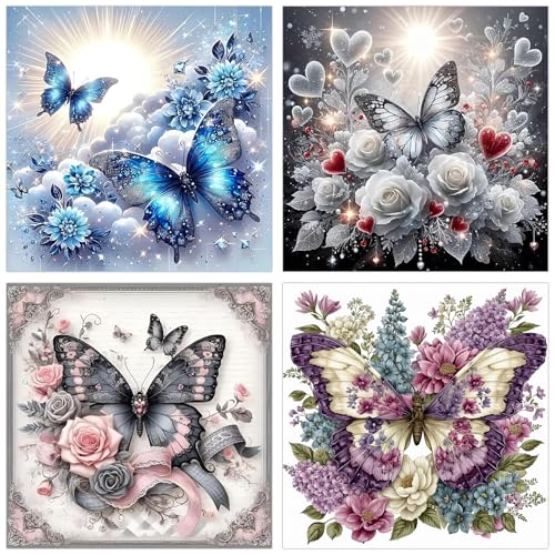 mrpwnle 4 Pack Diamond Art Kits for Adults, Butterfly Diamond Painting Kits | Butterfly Flowers Diamond Art Painting Kits for Adults Beginners, 5D Round Full Drill Gem Art Kits, Home Wall Decor 12x12inch - color: 4 Pack Butterfly, size: 11.8x11.8in(30x30c