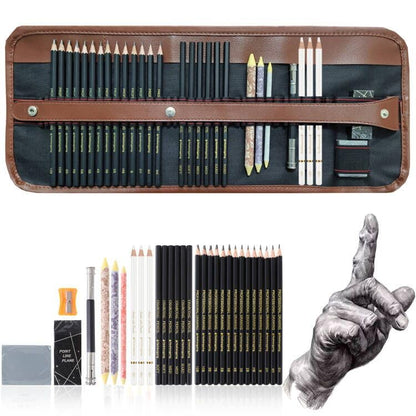 Heshengping 31 Drawing Sketching Pencils Kit, Portable Artist Supples Travel Case Set has Graphite, Charcoal, white color pencil, Blending Stump, gift for Adults Beginners for Drawing Sketch