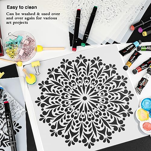 SUNFEEL 9-Pack Large Mandala Stencils - 12 x 12 Inch Reusable Templates, For DIY Wall & Floor Crafts And Furniture - style: C-Large Mandala