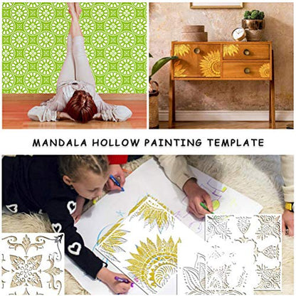 9 Pcs Mandala Stencils, 12x12 Inch Reusable Painting Template for DIY Craft | Pet Material, Smooth Edges, Reusable 9 Patterns Design, Washable, for Wood, Rock, Fabric, Walls, Window, Cards and Drawing - style: Large Mandala Stencils