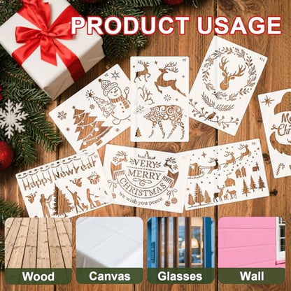 Reusable Christmas Stencils Set of 12 - Stencils for Painting On Wood, Walls, Fabric,Windows - Santa, Snowman, Pine Tree, Deer Xmas Holiday Stencil for Christmas Decorations (Christmas-7v) - style: Christmas-7v