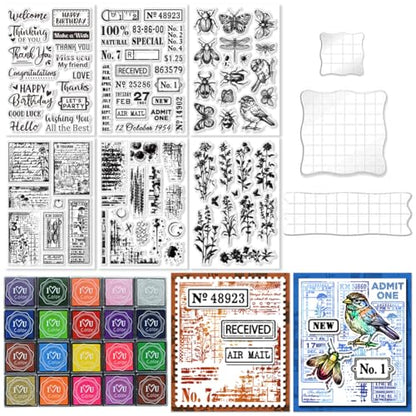 29 Pcs Acrylic Stamps for Crafting Card Making Supplies Set | 3 Acrylic Clear Stamp Blocks, 6 Clear Silicone Stamps Seals, 20 Craft Ink Pads Stamp for DIY Scrapbooking Journal - style: 29Pcs Journal Clear Stamps