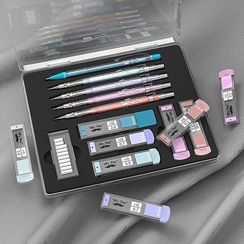 Mr. Pen- Pastel Mechanical Pencil Set, 5 Mechanical Pencils (0.3, 0.5, 0.7 | 0.9, 2.0mm), 5 HB Lead Refills & 10 Eraser Refills, Precision Drawing Pencils for Sketching, Writing & Technical Artwork - color: Clear Barrel