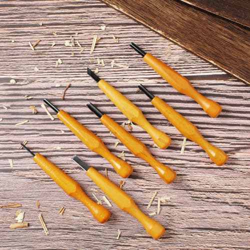 Lasnten 7 Pcs Wood Carving Tools Set Linoleum Hand Wood Knife Chisels Flat V-shaped Half Round Angled Gouge Carving Kit for DIY Linocut Printmaking Woodblock