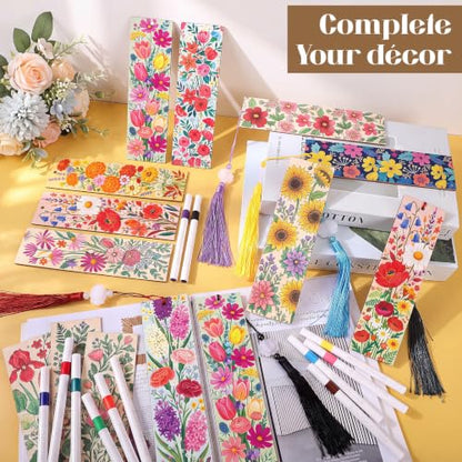 Reallnaive 42 Pcs Wooden Flower Bookmarks DIY Painting Set Includes 15 Unfinished Blank Bookmarks 15 Tassels 12 Markers for Flower Gift Arts Craft Party for Adults Hobby - style: Flower