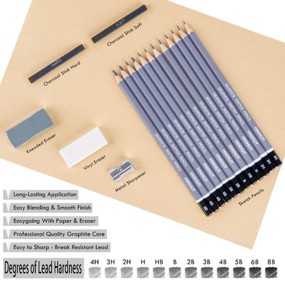 HNIHUY Sketch Drawing Pencils Set, 17 Pcs, Graphite Pencils (8B-4H) | Sketch Pencils for Drawing Art, Erasers and Sharpener, Art Drawing Pencil for Artists Beginner Sketching
