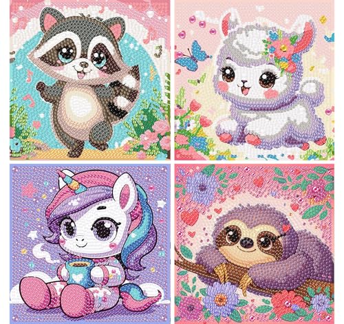 4 PCS Animal Diamond Art Painting Kits for Kids Ages 4-8-12 (6x6 inch) | Sloth Alpaca Raccoon Diamond Art for Kids Ages 4-8-12, Gem Painting Kit Crafts Beginners for Gift Home Wall Decor - color: 4Pcs-CC122+CC396+CC397+CC398