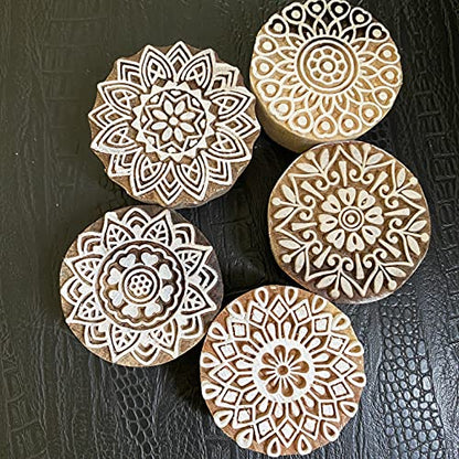 AnNafi® Traditional Mehendi Pattern Mandala and Round Wood Block Stamps (Set of 5) | Round Wooden Printing Block Stamp - DIY Henna Fabric Textile Paper Clay Pottery Block Printing Stamp