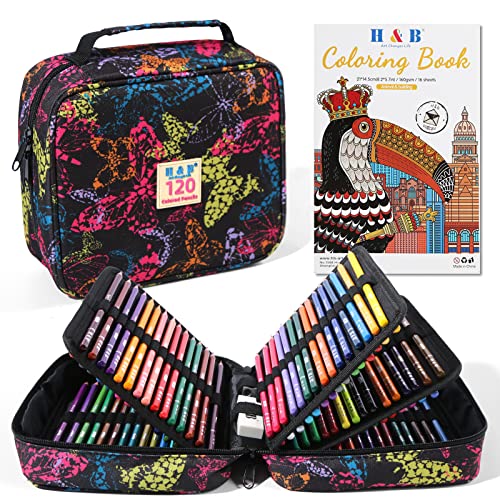 H & B 120 Colored Pencils for Adults & Beginners with Case & Coloring Book | Oil-based Soft Cores for Smooth Drawing & Coloring - Vibrant Blendable colors - Portable Travel Kit with Sharpener & Eraser - size: 1 count (Pack of 120), style: 1-Butterfly (Bas