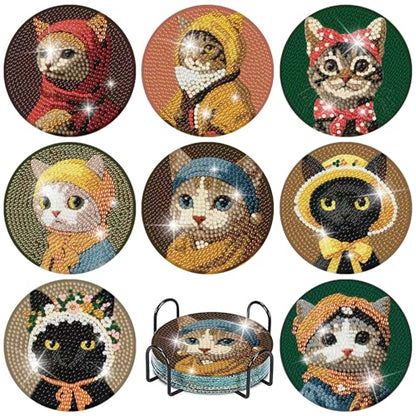 gganmtere 8 Pcs Funny Cat Diamond Painting Coasters Kits Set,Cat Diamond Art Coasters with Holder,5D DIY Full Drill Diamond Dots,Adult Diamond Art Kit Gift - color: JXBD56