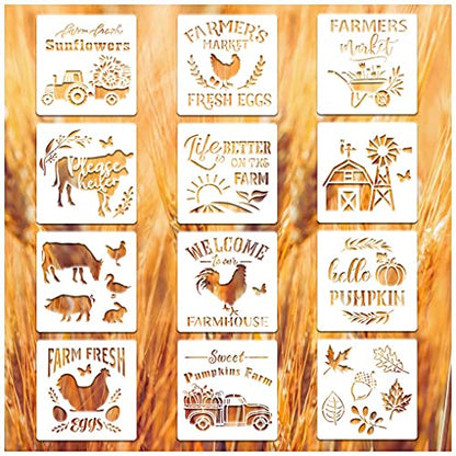 12 Pieces Farm Stencils Reusable Farmhouse Stencils Farm Theme Painting Template for Drawing Tracing DIY Furniture Wall Floor Fabric Decors Pastoral Lovers (6x6 inch) - style: Contemporary