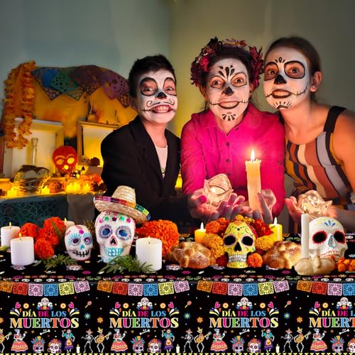 2 Pcs Day of The Dead Table Cloth - Plastic Dia De Los Muertos Tablecloth, Disposable Sugar Skull Floral Table Cover for Halloween Mexican Fiesta Party Decorations Supplies Favors, 108 x 54 Inch - color: Day of the Dead