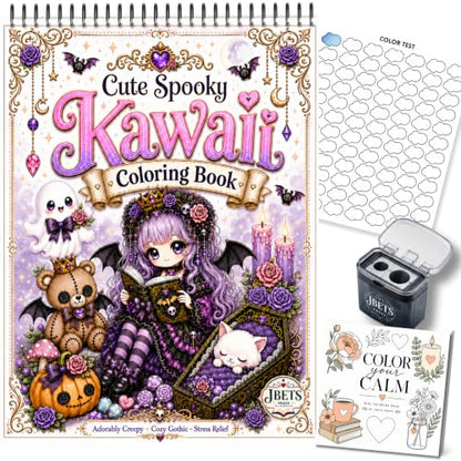 Cute Spooky Kawaii Coloring Book for Adults | Bold and Easy, Top Spiral Bound, 24 Images, Color Test Sheet, Mini Cozy Coloring Book and Pencil Sharpener Included, 8.5" x11"