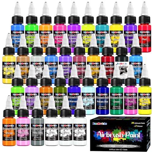 FansArriche Airbrush Paint Set, 34 Colors with 2 Thinners, 20 ml/Bottle | Ready to Spray Water-Based Opaque & Neon Colors Acrylic Air Brush Paint Kit for Beginners, Artists, DIY Projects - color: 34 Color + 2 Thinner