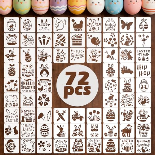 72 PCS 3x3 Inch Easter Stencils for Painting - Reusable Easter Templates Chicks Eggs Bunny Farm Spring Painting Templates on Wood, Glass, Fabric, Window Door Decor DIY Decoration - style: 72PCS Easter