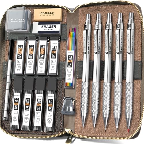 STAGEEK 20Pcs Silver Metal Mechanical Pencil Set with Leather Case | 5PCS Art Drafting Pencils, 0.3, 0.5, 0.7, 0.9, 2.0MM Drawing Pencils, 9 Tube (4B 2B HB 2H Colors) Lead Refills, Erasers - color: Silver, style: 0.3 0.5 0.7 0.9 2.0