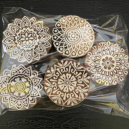 AnNafi® Traditional Mehendi Pattern Mandala and Round Wood Block Stamps (Set of 5) | Round Wooden Printing Block Stamp - DIY Henna Fabric Textile Paper Clay Pottery Block Printing Stamp