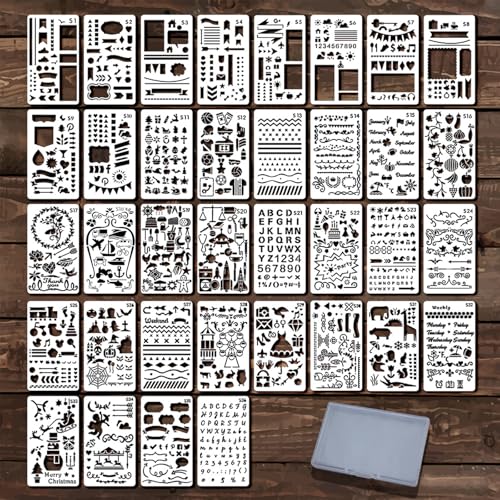 Letter & Number Stencils with Transparent Storage Box, 36 PCS Reusable Journal Stencils for Painting & Journaling, 4 x 7 in Alphabet Template for DIY Art, Holiday Cards, Drawing, Spray, Graffiti - style: Journal-36pc