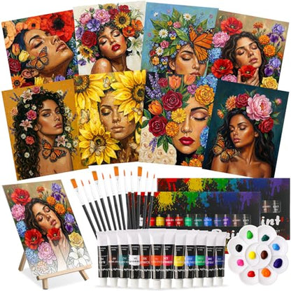 Cholemy 36 Pcs Paint and Sip Kit Gift for Adults 8''x10'',Floral Lady | Pre Drawn Canvas, Painting DIY Afro Acrylic Painting Kit, Wood Easel Brushes, Date Night Bulk, Summer Halloween Party - style: Floral Lady