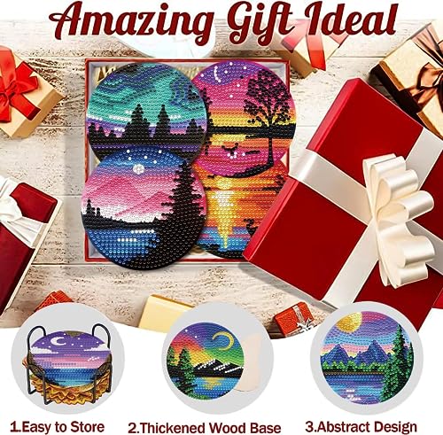 8 Pcs Diamond Art Coasters Kits with Holder, Landscape DIY Diamond Paintings Coaster Kits,Scenery Full Drill Rhinestone Painting Kits for Adults Beginners Art Craft Supplie for Tabletop Protection.